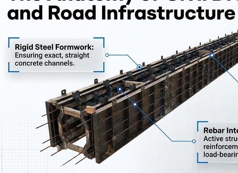 Rebar integration and rigid steel formwork for concrete drainage channel